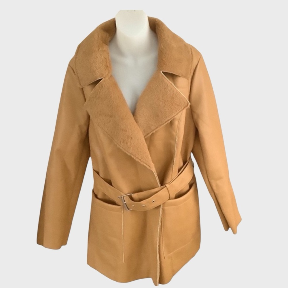 FAUX BELTED LEATHER JACKET WITH FAUX FUR LINING AND COLLAR